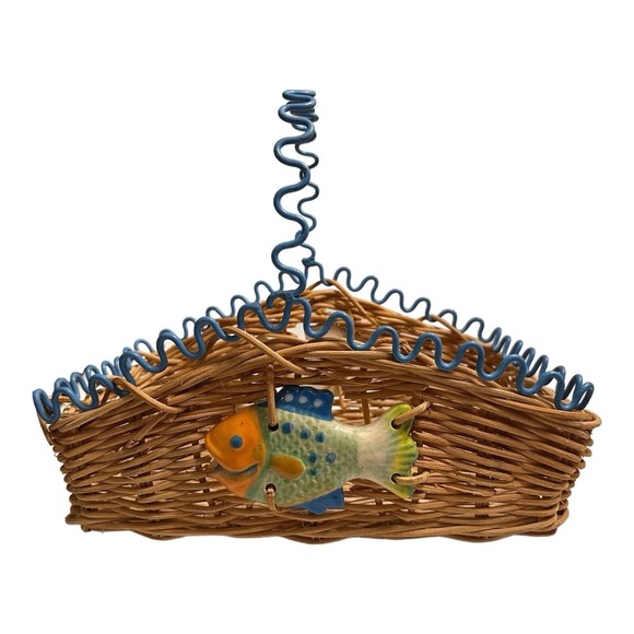 Rustic Farmhouse Market Beachy Basket Oval Tropical Fish Woven Wicker Handle - Picture 6 of 16